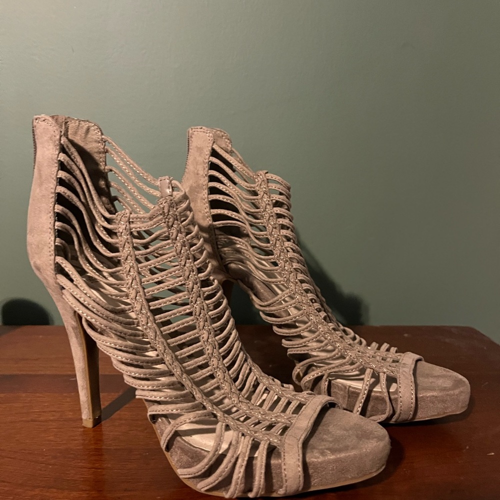 Taupe suede strappy ankle booties